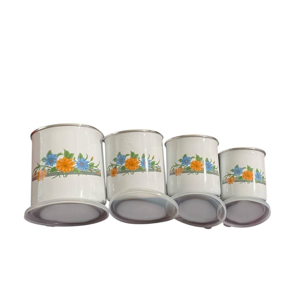 Vintage Enamel And Metal Canister Nesting Set Of 4 Blue And Orange Flowers 1970s